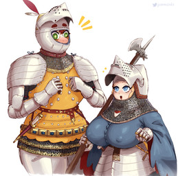 anthro armor bar_emanata bascinet_(helmet) big_breasts blue_eyes breastplate breasts chainmail chainmail_coif clothed clothing duo emanata eyebrows female gauntlets gloves green_eyes halberd handwear headgear helmet huge_breasts medieval medieval_armor melee_weapon nipple_outline pauldron polearm raised_visor simple_background size_difference star_eyes stiletto_(weapon) text weapon white_background gammainks maria_(gammainks) titania bovid bovine cattle human mammal 2026 absurd_res artist_name digital_media_(artwork) hi_res