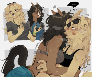 5_fingers anthro anthro_on_anthro biped black_hair black_tail blush bottomwear bra breasts brown_body brown_fur brown_hair claws clothed clothed_anthro clothed_female clothing crossgender duo eyewear female female/female finger_claws fingers fully_clothed fully_clothed_anthro fully_clothed_female fur glasses hair handpaw mtf_crossgender panties pants paws tail topwear underwear raccoattack bojack_horseman netflix bojack_horseman_(character) mr._peanutbutter bird_dog canid canine canis domestic_dog equid equine golden_retriever horse hunting_dog mammal retriever 2025 digital_drawing_(artwork) digital_media_(artwork) hi_res