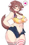 accessory animal_ears bottomwear braided_hair breasts brown_body brown_eyes brown_fur brown_hair clothing denim denim_bottomwear denim_clothing denim_shorts female fur hair hair_accessory hairpin hand_on_hip heart_symbol looking_at_viewer nipples open_mouth pattern_clothing pigtails pubes shirt shorts simple_background solo speech_bubble standing striped_clothing stripes tank_top thick_thighs topwear twin_braids unzipped unzipped_pants white_background zipper matarou072 hololive vtuber inugami_korone animal_humanoid canid canid_humanoid canine canine_humanoid dog_humanoid humanoid mammal mammal_humanoid hi_res