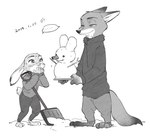 anthro blush bodily_fluids clothed clothing duo ellipsis fully_clothed holding_object outside shovel smile snow standing sweat sweatdrop tools kabe2mugi disney zootopia judy_hopps nick_wilde canid canine fox lagomorph leporid mammal rabbit red_fox true_fox 2019 hi_res monochrome pillarbox