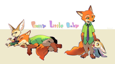 3_toes 4_fingers anthro barefoot big_ears big_eyes big_head black_nose bottomwear brown_body brown_fur claws clothed clothing collared_shirt dipstick_ears duo ear_markings eyes_closed feet fingers frown fully_clothed fur gloves_(marking) hand_in_pocket hand_on_head hands_in_both_pockets holding_object inner_ear_fluff jumpsuit looking_aside looking_at_another looking_down lying male markings multicolored_ears necktie object_in_mouth on_side orange_body orange_eyes orange_fur pacifier pacifier_in_mouth pants pockets polo_shirt shirt shorts sitting size_difference sleeping smile standing tail tail_between_legs tail_grab text toes topwear tuft katokichi disney zootopia finnick_(zootopia) nick_wilde canid canine fennec_fox fox mammal red_fox true_fox english_text
