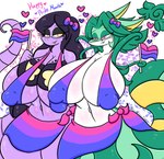 anthro arbok big_breasts bisexual_pride_colors breasts clothed clothing duo female generation_1_pokemon generation_5_pokemon green_body green_hair hair heart_symbol hi_res huge_breasts lavender_(lewdchuu) lewdchuu_(artist) lgbt_pride lgbt_pride_month navel nintendo partially_clothed pink_eyes pokemon pokemon_(species) pride_color_flag pride_colors purple_body purple_hair serperior sweetie_(rockpup241) topwear yellow_eyes