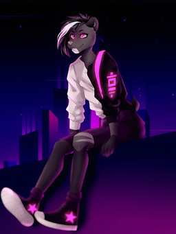 anthro clothing femboy footwear fur hair male multicolored_body multicolored_clothing multicolored_fur multicolored_hair shoes short_ears short_tail sitting sitting_on_ledge solo tail hugyourzombie bjorn_(glazie) bear mammal hi_res