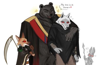 angry annoyed anthro arm_around_shoulders arm_wrapping arm_wraps black_body black_fur blush bottomwear cloak clothing cross-popping_vein dialogue ears_up emanata embarrassed exclamation_point eyebrows eyes_closed facial_markings facial_scar fanfiction female fur fuzzy grey_body grey_fur group half-closed_eyes hand_on_hip head_markings heart_symbol holding_object holding_weapon looking_at_another male markings mask_(marking) melee_weapon narrowed_eyes open_mouth open_smile orange_body orange_fur pants pointy_ears polearm poncho prick_ears red_eyes scar scythe simple_background size_difference smile sparkles spear speech_bubble standing teasing teeth text weapon white_background white_body white_fur wrapped_arms wraps patto_pib dreamworks my_way_of_life_(pib_fanfic) puss_in_boots_(franchise) death_(puss_in_boots) famine_(plobster) fan_character life_(plobster) pestilence_(plobster) war_(plobster) bear canid canine canis fox lagomorph leporid mammal mouse murid murine rabbit rodent wolf hi_res brother_(lore) brother_and_sister_(lore) brothers_(lore) sibling_(lore) sister_(lore) sisters_(lore)