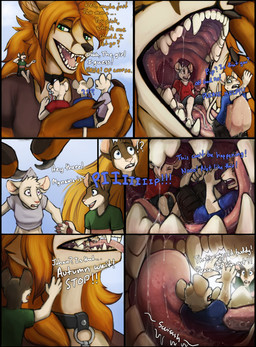 anthro blue_eyes brown_body brown_fur clothed clothing fangs female fur green_eyes group in_mouth macro male micro on_tongue open_mouth oral_vore pink_eyes predator/prey_coexistence size_difference tan_body tan_fur teeth tongue unwilling_prey uvula vore acidic autumn_(praexon) pip_(praexon) canid canine fennec_fox fox mammal mouse murid murine rodent true_fox comic hi_res