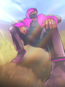 carmel_skin_color carmel_skinned_human clothing fluffy_coat fluffy_sleeves gas_mask grass light magenta_eyes magenta_hair male mask one_eye_closed plant skinny_human solo sunlight wink suchlambada17 neeco_neecoola human mammal absurd_res hi_res
