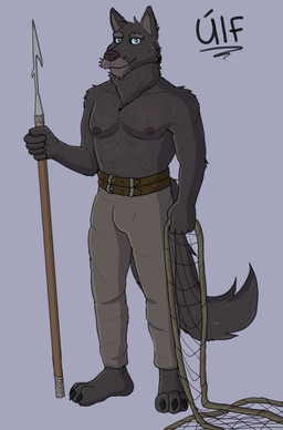 3_toes age_difference anthro belt black_sclera blue_eyes clothed clothing facial_hair feet fisherman fur grey_body grey_fur greying_hair male melee_weapon net nipples older_male paws polearm spear tail toes topless topless_male weapon ollieotty canid canine canis mammal wolf hi_res