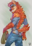 anthro bottomwear butt clothed clothing denim denim_bottomwear denim_clothing ear_piercing grin hair jeans jockstrap looking_at_viewer looking_back male orange_hair pants piercing simple_background smile solo standing teeth topless underwear undressing lion21 riley_(sherbuttwolf) hyena mammal hi_res