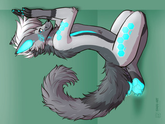 anthro blue_eyes blue_inner_ear cybernetics feet fur green_background grey_highlights hair highlights_(coloring) kneeling looking_at_viewer machine male multicolored_body multicolored_fur pawpads side_view simple_background solo text white_hair isagu_art specter_(dragonplayer) arctic_fox canid canine fox mammal true_fox 4:3 absurd_res artist_name hi_res