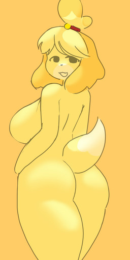 anthro big_breasts big_butt black_eyes black_nose blonde_hair breasts butt butt_pose countershade_face countershading dipstick_tail female female_anthro fur hair looking_at_viewer looking_back looking_back_at_viewer markings multicolored_tail nude nude_anthro nude_female open_mouth open_smile orange_background orange_ears pose short_tail simple_background smile solo standing tail tail_markings two_tone_tail white_body white_countershading white_tail_tip yellow_body yellow_breasts yellow_butt yellow_fur yellow_tail horniicat animal_crossing nintendo isabelle_(animal_crossing) canid canine canis domestic_dog mammal shih_tzu toy_dog 2023 digital_media_(artwork) hi_res