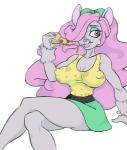 big_breasts breasts buckteeth exposure_variation female food hair lips pink_eyes pink_hair pizza solo teeth thick_lips kythos mattel monster_high mouscedes_king humanoid mammal rodent