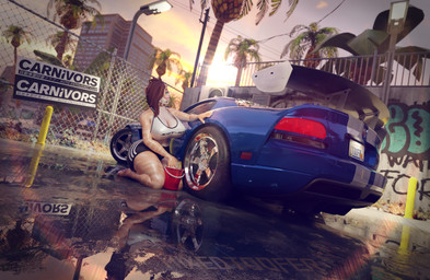 alley anthro bathing big_breasts bottomwear breasts brown_hair building california car city city_background cityscape cleaning clothing crop_top curvy_figure facial_piercing fangs female fur glare green_eyes hair holding_object hotpants kneeling looking_at_viewer modern_architecture nose_piercing nose_ring piercing ring_piercing sabertooth_(anatomy) shirt shorts skyscraper solo sunset tan_body tan_fur teeth thick_thighs topwear vehicle voluptuous voluptuous_anthro voluptuous_female wet wide_hips mixedtoofer dodge_(brand) dodge_viper stellantis_n.v. toofer felid mammal prehistoric_species saber-toothed_tiger 3d_(artwork) blender_(artwork) blender_cycles_(artwork) digital_media_(artwork) hi_res warm_colors