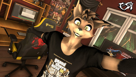 anthro black_body black_fur black_highlights brown_body brown_fur brown_hair clothed clothed_anthro clothed_male clothing computer electronics fur hair highlights_(coloring) looking_at_viewer male multicolored_body multicolored_fur multicolored_hair selfie solo two_tone_body two_tone_fur two_tone_hair yellow_eyes psikokinetic warfaremachine_(modeler) godzilla_(series) grand_theft_auto grand_theft_auto_iii rockstar_games toho psiko_(psikokinetic) canid canine canis jackal mammal 16:9 2024 3d_(artwork) 4k absurd_res digital_media_(artwork) hi_res source_filmmaker_(artwork) widescreen