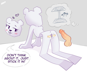 all_fours anthro anus blush bodily_fluids dialogue erection faceless_character faceless_male female genital_fluids genitals loli male paper penis precum pussy_tape simple_background solo tape teasing thought_bubble tongue tongue_out vulva young krackdown9 cartoon_network the_amazing_world_of_gumball teri_(tawog) bear mammal paper_creature digital_drawing_(artwork) digital_media_(artwork) hi_res