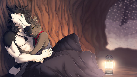 anthro black_body black_fur cave duo fur lamp lantern male snow winter tanks_(artist) discordnight domestic_cat felid feline felis mammal sergal hi_res