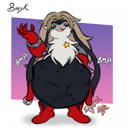 anthro belly belt big_belly boots bottomwear clothing cybernetic_arm cybernetic_limb fangs female footwear fur grey_body grey_fur grey_hair hair mask mechanical_arm open_mouth pants red_eyes shoes sloshing_belly solo star teeth text thick_thighs vore white_body white_fur bunearyk bandai_namco digimon digimon_beatbreak digimon_(species) mammal wolvermon 1:1 2025 digital_media_(artwork) english_text hi_res