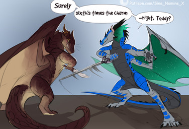 claws duo eye_contact facial_scar feral fight holding_melee_weapon holding_object holding_sword holding_weapon horn looking_at_another male melee_weapon membrane_(anatomy) membranous_wings nude scar simple_background speech_bubble spikes spikes_(anatomy) sword tail talking_to_another teeth text weapon wings sine_nomine_x mythology wings_of_fire bear_(winderside) dragon mudwing_(wof) mythological_creature mythological_scalie rainwing_(wof) scalie colored colored_sketch digital_drawing_(artwork) digital_media_(artwork) english_text hi_res sketch url
