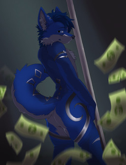 anthro blue_body blue_eyes blue_hair butt chest_tuft dance_floor dancing fur fur_markings gesture hair looking_at_viewer looking_back looking_back_at_viewer looking_pleasured male markings metallic metallic_markings money nude pole pole_dancing seductive smug smug_face smug_grin solo spotlight suggestive suggestive_gesture suggestive_look suggestive_pose tuft s6ftmutt blinthefox canid canine fox mammal hi_res