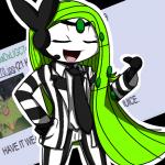 clothed clothing cosplay eyes_closed female green_hair hair long_hair open_mouth solo aintsmart beetlejuice beetlejuice_(film_series) beetlejuice_(tv_series) nintendo pokemon generation_5_pokemon humanoid legendary_pokemon meloetta meloetta_(aria_form) pokemon_(species) 1:1 2011 crossover