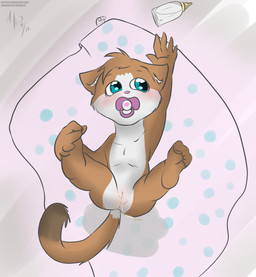 anthro anus blue_eyes blush bodily_fluids bottle butt clitoris container female genital_fluids genitals legs_up lying nude pacifier peeing solo spread_legs spreading text toddler urine urine_stream vulva young young_anthro makoruu domestic_cat felid feline felis mammal hi_res url