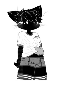 ambiguous_gender anthro biped black_body black_fur blush briefs bulge clothed clothing disembodied_hand duo fur ghost_hand grey_briefs grey_clothing grey_underwear hair hand_behind_back legwear male male/ambiguous male_anthro male_focus shirt simple_background solo_focus standing stockings thigh_highs topwear underwear whiskers white_clothing white_shirt white_topwear bikabe3m katsuroki_(bikabe3m) domestic_cat felid feline felis mammal 2026 digital_media_(artwork) monochrome watermark
