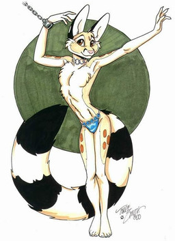 4_fingers 4_toes anthro biped bound chain chained chest_tuft circle claws clothed clothing cuff_(restraint) feet fingers fur iron_cuffs jewelry long_tail looking_at_viewer male markings metal_cuffs necklace pink_nose pose restraints ring_(marking) ringed_tail simple_background solo spots standing striped_markings striped_tail stripes tail tail_markings toe_claws toes topless tuft underwear white_background terrie_smith havoc_inc. chester_ringtail_magreer bassariscus cacomistle mammal procyonid 2000 signature traditional_media_(artwork)