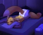 ambiguous_gender anthro arzdin bandai_namco bed blush bottomwear canid canine clothed clothing diaper digimon digimon_(species) fox furniture grumpy lights_off lying mammal night on_front one_eye_closed pillow raised_tail renamon solo tail underwear wearing_diaper