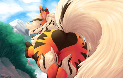 big_butt black_nose butt butt_focus day feral looking_at_viewer looking_back looking_back_at_viewer male mountain open_mouth orange_body orange_eyes outside raised_tail sharp_teeth smile solo tail teeth thick_thighs raster_dreams nintendo pokemon arlean_(raster_dreams) arcanine generation_1_pokemon pokemon_(species) 2026 digital_drawing_(artwork) digital_media_(artwork) hi_res signature