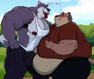 abs anthro armpit_hair belly belly_overhang big_belly blush bodily_fluids body_hair bottomwear bulge clothing detailed_bulge drooling duo hand_on_head looking_at_another looking_at_partner male male/male muscular muscular_arms muscular_male nipples outside overweight overweight_male pants pecs saliva shirt smile standing tail tail_motion tailwag tank_top tongue tongue_out topwear weight_difference tcw bear canid canine canis mammal wolf hi_res
