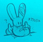 anthro big_breasts breast_rest breasts clothing eyelashes female huge_breasts long_ears onomatopoeia question_mark solo sound_effects sweater text thud topwear probablydemo cari_(probablydemo) lagomorph leporid mammal rabbit graphite_(artwork) hi_res traditional_media_(artwork)