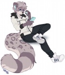 anthro biped cellphone clothed clothing electronics fur hair headphones male phone simple_background sitting smile solo white_background pollo-chan segolia felid mammal pantherine snow_leopard digital_media_(artwork)