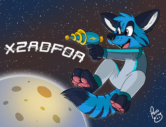 anthro black_body black_fur black_nose blue_body blue_fur bodysuit cheek_tuft clothed clothing facial_tuft fangs fur futuristic_gun glistening glistening_eyes grey_eyes gun happy head_tuft holding_gun holding_object holding_ranged_weapon holding_weapon logo male markings open_mouth open_smile pawpads pink_pawpads pink_tongue ranged_weapon skinsuit smile solo space striped_markings striped_tail stripes tail tail_markings teeth tight_clothing tongue tuft weapon young young_anthro young_male pandapaco canid canine mammal artist_logo signature