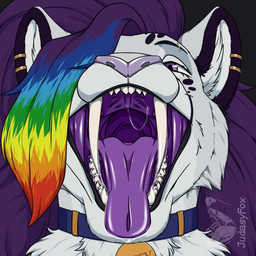 anthro bodily_fluids collar ear_piercing ear_ring fangs female fur grey_body grey_fur hair long_hair mouth_shot open_mouth piercing pink_nose ring_piercing sabertooth_(anatomy) saliva saliva_on_tongue saliva_string solo teeth throat tongue tongue_out judasyfox felid mammal pantherine sabertooth_feline snow_leopard 1:1 animated no_sound short_playtime webm