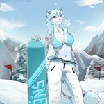 5_fingers anthro biped blue_eyes blue_hair blush bottomwear bra breasts clothed clothed_anthro clothed_female clothing cloud countershade_torso countershading day female fingernails fingers front_view fur grey_body grey_fur grey_tail hair holding_snowboard markings mountain nails navel outside pants sky smile snow snowboard solo spots spotted_body spotted_fur spotted_markings spotted_tail standing tail tail_markings underwear winter monstercheetah felid mammal pantherine snow_leopard 1:1 2025 digital_media_(artwork) hi_res