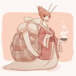 alcohol antennae_(anatomy) anthro asian_clothing beverage black_eyes bow_ribbon clothing east_asian_clothing female gastropod_shell hair hair_bun holding_object japanese_clothing kimono long_neck looking_at_viewer mollusk_shell open_mouth open_smile pale_skin pink_clothing pink_hair sake sake_dish shell smile solo stripes white_body white_skin tateoftot gastropod mollusk snail 1:1 hi_res