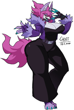 anthro belt big_breasts black_clothing blue_tongue breasts choker claws cleavage clothed clothing countershade_face countershade_torso countershading facial_scar female fur_trim_(clothing) gloves hair handwear jacket jewelry necklace pink_eyes pink_hair pink_tail purple_body purple_clothing scar simple_background smile smiling_at_viewer solo tail teeth thick_thighs tight_clothing toe_claws tongue topwear white_background wide_hips yellow_sclera cyberlord1109 ghost_(cyberlord1109) canid canine canis mammal wolf 2024 absurd_res full-length_portrait hi_res portrait
