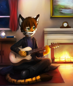 acoustic_guitar anthro brown_hair fire green_eyes guitar hair male musical_instrument playing_guitar playing_music plucked_string_instrument solo string_instrument stripes tail thanshuhai felid mammal pantherine tiger 2012 digital_media_(artwork) digital_painting_(artwork) painting_(artwork)