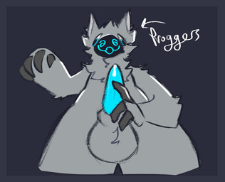 ambiguous_gender anthro balls blue_border bodily_fluids border genital_fluids genitals machine male penis precum presenting solo text hecklinghecker protogen