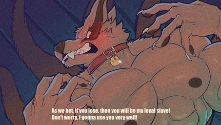 age_difference aged_up angry anthro barazoku blush bodily_fluids claws collar dialogue fangs finger_claws humiliation male mature_anthro mature_male muscular muscular_anthro muscular_male nipples older_anthro submissive submissive_anthro submissive_male sweat teeth text pinumontbalou naruto kurama canid canine canis demon fox mammal english_text hi_res