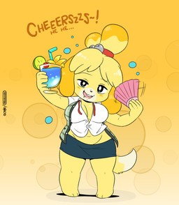 4_fingers anthro bendy_straw beverage blonde_hair bottomwear breasts bubble clothed clothing crotch_lines drinking_straw drunk drunk_bubble female fingers food fruit fur hair hand_fan holding_object looking_at_viewer medium_breasts monotone_bottomwear monotone_clothing monotone_skirt pencil_skirt plant shortstack skirt slightly_chubby solo substance_intoxication text thick_thighs undressing vacation_juice wide_hips yellow_body yellow_fur joaoppereiraus animal_crossing nintendo isabelle_(animal_crossing) canid canine canis domestic_dog mammal shih_tzu toy_dog hi_res