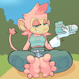 5_toes anthro barefoot bottomwear clothed clothing feet female foot_fetish foot_focus footwear forest forest_background fur gloves hair handwear humanoid_feet looking_at_viewer nature nature_background oversized_bottomwear oversized_clothing oversized_pants pants pink_body pink_hair plant plantigrade shoes shoes_removed sitting smile smug_face smug_grin soles solo spread_toes tail teeth toes tree twistedfurby haplorhine humanoid mammal monkey primate 1:1 digital_media_(artwork) hi_res