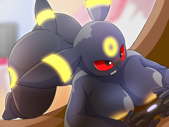 anthro anthrofied areola big_breasts big_butt black_body black_fur blurred_background breast_squish breasts butt computer controller desk electronics female floor fur furniture gaming glowing glowing_areola glowing_markings glowing_nipples holding_object kneeling markings nipples nude perspective pokemorph red_eyes solo squish table teeth_showing wood wood_floor yellow_areola catedging nintendo pokemon eeveelution generation_2_pokemon pokemon_(species) umbreon 4:3 absurd_res hi_res
