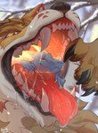 anthro black_claws blue_body bodily_fluids brown_body brown_fur claws duo fur in_mouth male mouth_shot narrowed_eyes open_mouth oral_vore orange_eyes purple_eyes red_tongue saliva saliva_on_tongue saliva_string sharp_teeth teeth tongue vore white_body white_fur famir mythology canid canine dragon mammal mythological_creature mythological_scalie scalie 2025 absurd_res dated hi_res signature