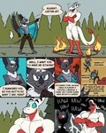 abs anthro duo fire fur grey_body grey_fur grey_wings hair laugh male standing summoning summoning_circle text white_hair wings 60percentscalie dovak vauruk bat demon mammal comic english_text hi_res