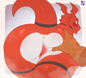 anthro anus big_butt blush blush_lines bodily_fluids butt countershade_butt countershading duo floating floating_hands hand_on_butt looking_back male male/male markings raised_tail rear_view red_body red_scales scales spread_anus spread_butt spreading sweat sweatdrop sweaty_butt tail tongue tongue_out yellow_eyes pony_dreaming bandai_namco digimon digimon_(species) guilmon human mammal reptile scalie absurd_res hi_res