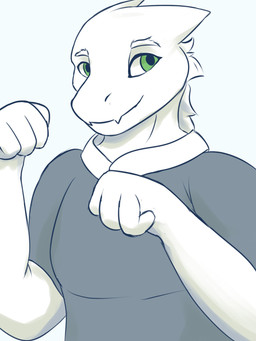 4_fingers anthro clothed clothing eyebrows fingers green_eyes happy horn male shirt solo topwear white_body white_eyebrows white_horn hidenafox kobold scalie 3:4 hi_res portrait shaded