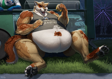 anthro belly big_belly bloated brown_body brown_fur burger clothing food fur male musclegut muscular muscular_arms one_eye_closed overweight overweight_male semi-public shirt solo_focus tank_top topwear torn_clothing white_body white_fur azsola background_character canid canine mammal
