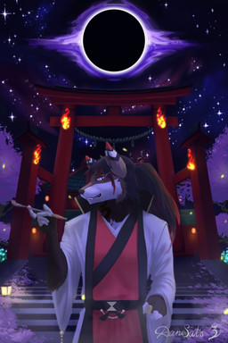 anthro asian_clothing black_hole clothing east_asian_clothing eclipse japanese_clothing looking_at_viewer magic male night samurai smile solar_eclipse solo standing warrior dansats canid canine canis mammal wolf 2:3 hi_res