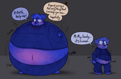 after_juicing anthro before_and_after belly belly_blush belly_expansion belly_inflation berry_juice blue_body blue_fur blueberry_inflation blueberry_juice blush bodily_fluids body_blush body_inflation clothed clothing creaking crying dialogue expansion flying_sweatdrops fur hand_on_belly hoodie implied_permanent inflation juice_(beverage) male motion_lines navel offscreen_character open_mouth permaberry slosh solo sound_effects speech_bubble spherical_inflation standing sweat sweatdrop tears text topwear unusual_bodily_fluids unusual_tears worried fundesian joey_(buttercream) bird_dog canid canine canis domestic_dog golden_retriever hunting_dog mammal retriever english_text