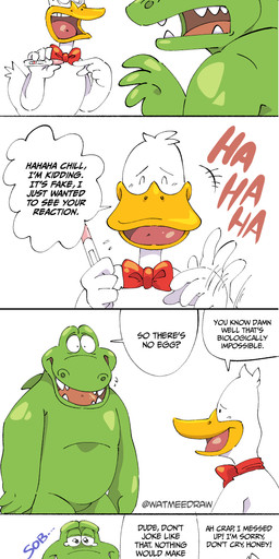 4_panel_comic anthro beak belly bow_tie bow_tie_only dot_eyes duo feathers green_body joking male male/male mostly_nude nervous nervous_smile nude pregnancy_test pregnant pregnant_male red_bow_tie simple_background simple_eyes slightly_chubby sobbing speech_bubble surprised text white_background white_body white_feathers wing_fingers watmeedraw sitting_ducks aldo_(sitting_ducks) ed_(sitting_ducks) alligator alligatorid anatid anseriform avian bird crocodilian duck reptile scalie absurd_res comic english_text hi_res